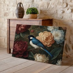Blue and White Bird Perched on Branch with Red and White Flowers Canvas Wall Art