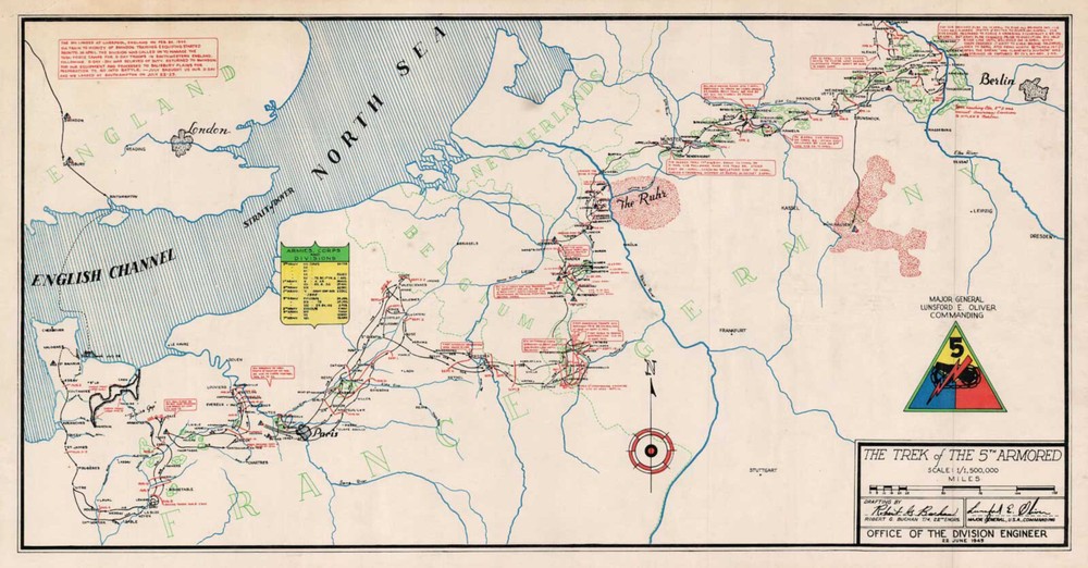 1945 Route Map Trek 5th Armored Division in Europe World War II WW2 Poster