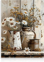 Rustic Daisy Wall Art Farmhouse Bathroom Wall Decor Vintage Country Canvas Wall