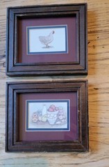90’s Kitchen 2 Framed Country Drawings Rustic Chicken Hen Baking Apples Wood