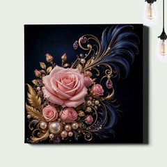 Feather Poster Print Black Gold Pink Rose Pearl Floral Art