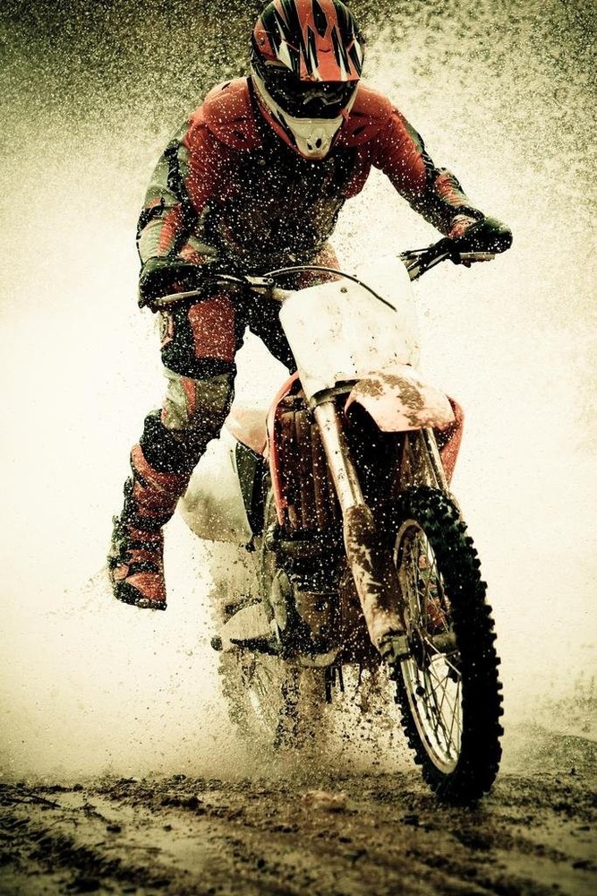 Laminated Dirt Bike 18″L x 12″W, Rider Splashing Water | 1987
