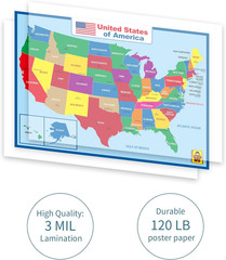 United State Map Laminated Poster -Double Side Educational Poster for Kids/Adult