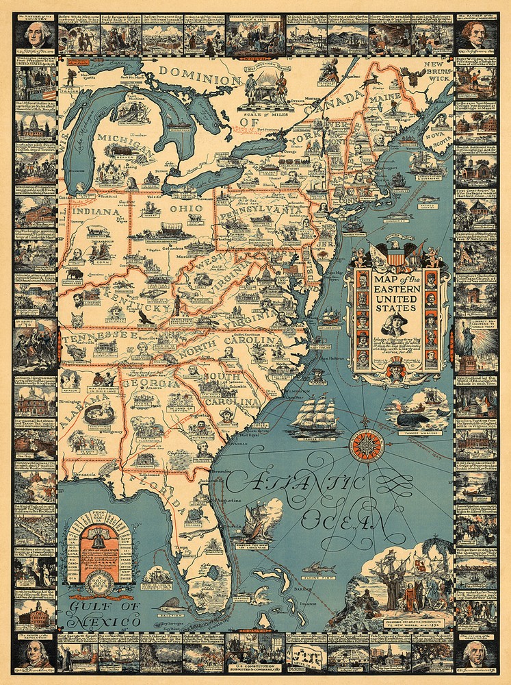 1929 Pictorial Historical Travel Map of Eastern United States Wall Art Poster