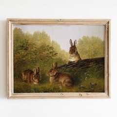 Rabbit Family Bunnies Old Paintings Landscape Wildlife Wall Art Poster Print