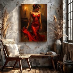 Canvas Sexy Woman Red Dress Oil Painting Romantic Living Bedroom Office Print