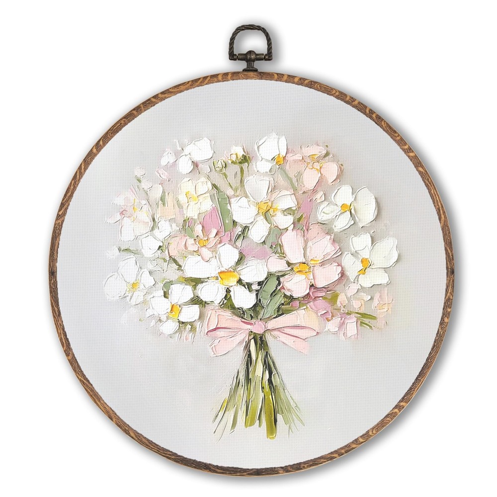 Vintage Pink Bow Floral Bouquet Round Wall Art Framed, White Floral Round Wal…