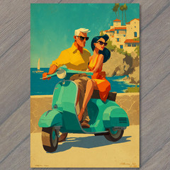 Art Print Retro Scooter Couple Coastal Summer Ride Vintage Travel Romance