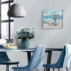 Serene Coastal Wall Art – 14×14 Framed Blue Ocean & Daisy Canvas Print