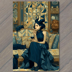 Art Print Woman Horns Black Cats Wine Gothic Dress Ornate Couch Dark Style
