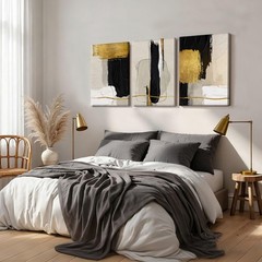 3 Pcs Black White and Gold Abstract Wall Art Modern Textured Framed Canvas Pr…