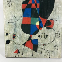 Vintage Joan Miro Figures & Dog Print Wood Mounted Art MCM Wall Decor 24″x16″