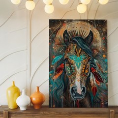 Bohemian Horse Canvas Wall Art Native American Tribal Feathers Animal Print