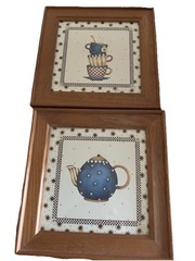 Set Of 2 Framed Teapot & Teacups Kitchen Wall Art Country Decor Wood Frames