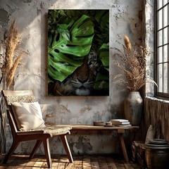Canvas Tiger in Tropical Jungle Leaves Botanical Wildlife Living Room Print