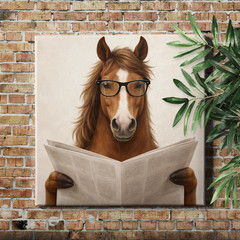 Humorous Horse Reading Newspaper on Toilet Wood Framed Canvas Wall Art