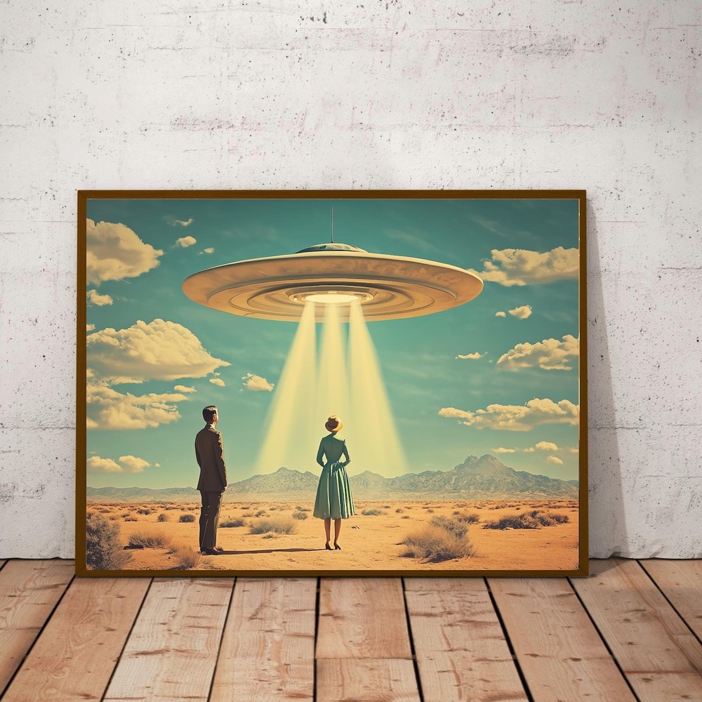 Desert Visit UFO Print – Vintage Atomic Age Mid Century Wall Art Poster