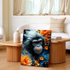 Monkey Portrait Orange Flowers Blue Abstract Animal Wall Art House Rustic Decor