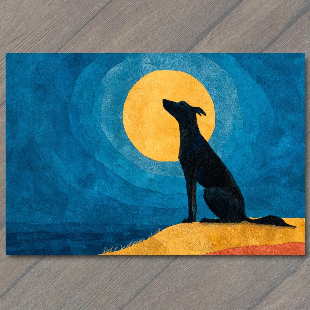 Art Print Black Greyhound Silhouette Full Moon Night Sky Desert Hill Swirl