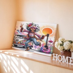 Bohemian Hippie Grandma Canvas Wall Art Colorful VW Bus Guitar Peace Vibes Print