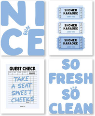 Trendy Retro Funny Bathroom Canvas Wall Art Prints 8×10 Inch Set of 4, Light Blu