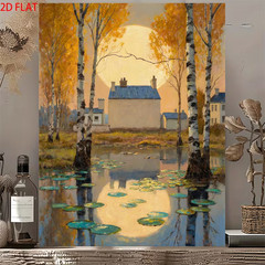 Framed Autumn Landscape Wall Art, Moonlight Pond House Painting, Tranquil Decor
