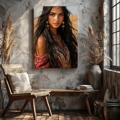 Ethnic Woman Portrait Canvas Wall Art Bohemian Desert Style Boho Home Decor