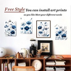 MKYFHSVGD Navy Blue and White Floral Wall Art Posters Set of 10×8, pattern-4