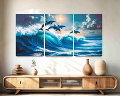 Blue Wave Wall Art, 3-Panel Canvas, Ocean Decor, Large Modern Dolphin Wall Art
