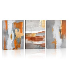 Abstract Canvas Wall Art 3 Piece Orange and Gray Picture Texture Painting Abs…