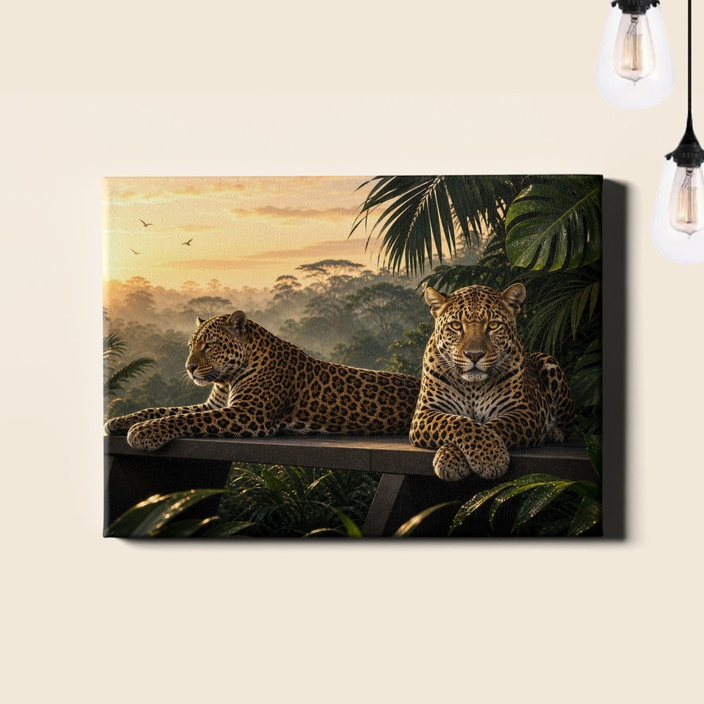 Leopard Pair Canvas Print Tropical Jungle Sunrise Wildlife Landscape