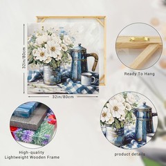 YPGEAME Blue and White Flower Kitchen Wall Picture on Canvas, Striped Tablecloth