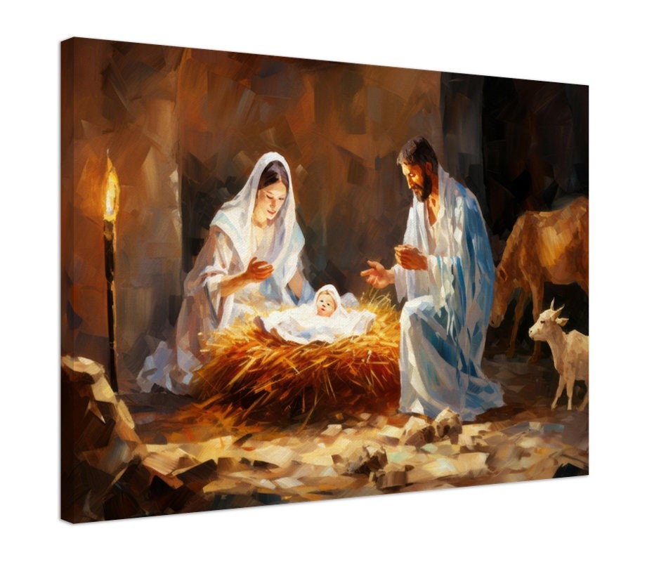 Nativity Scene Poster, Mary Joseph and Baby Jesus Canvas, Religious Wall Art