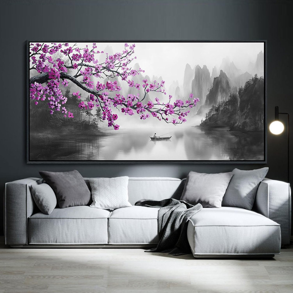 Large Purple Moon & Flower Canvas Art for Living Room & Bedroom 24x48in