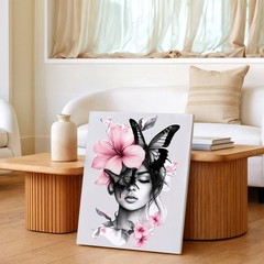 Wall Art Woman Face Portrait with Pink Flowers Black Butterflies Floral Print