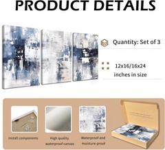Abstract Blue and White Wall Art Set of 3, Modern Simple Navy Framed Canvas P…