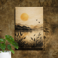 Boho Abstract Canvas Painting Brown Beige Horizontal Framed