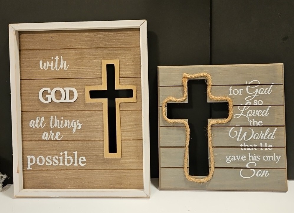 Pair Of Wooden Pictures Faith Wall Art 11″×14″ & 11″×11″ W/ Cutout Crosses EUC