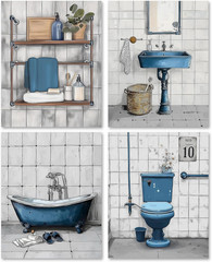Vintage Blue Rustic Bathroom Canvas Wall Art Prints Set of 4, Retro Nostalgic Fa