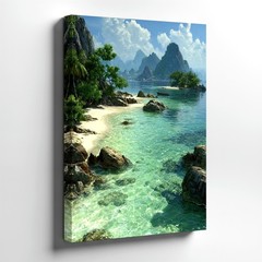 Canvas Tropical Beach Seascape Clear Water Rocky Coast Island Poster Fine Decor