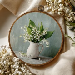Vintage Floral Round Wall Art Decor 10×10 Inch, Lily of the Valley Oval Frame…