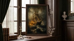 Burning Pirate Ship in Stormy Sea Poster Gothic Nautical Dark Academia Wall Art