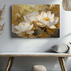 White Flowers Serene Golden Canvas Lotus Elegance Refined Sacred Calm Wall Art