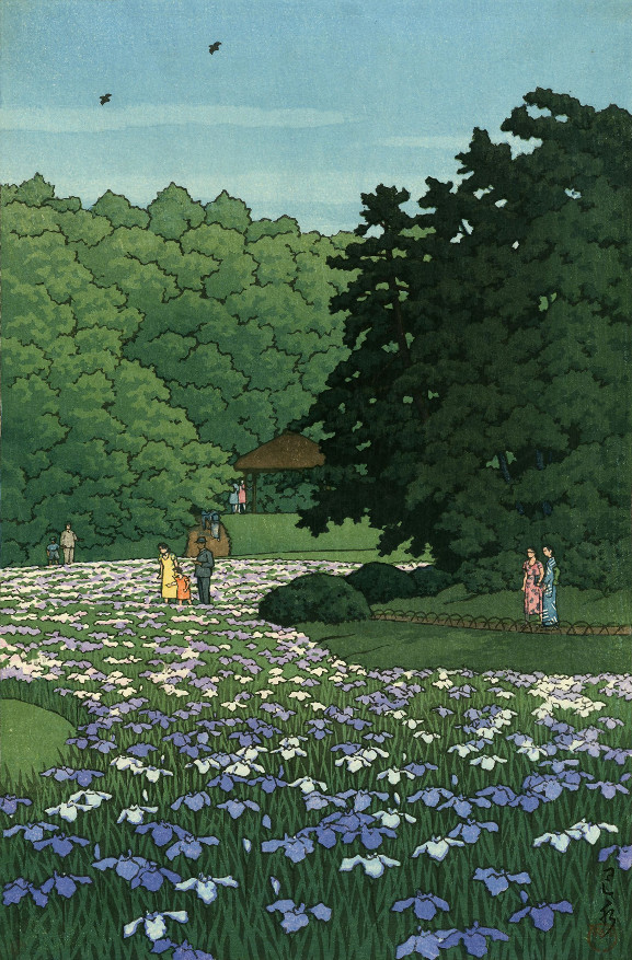 Japanese Art Woodblock Print Shin Hanga «Iris Field at Meiji Shrin» KAWASE HASUI