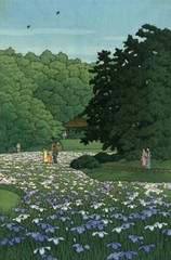 Japanese Art Woodblock Print Shin Hanga «Iris Field at Meiji Shrin» KAWASE HASUI