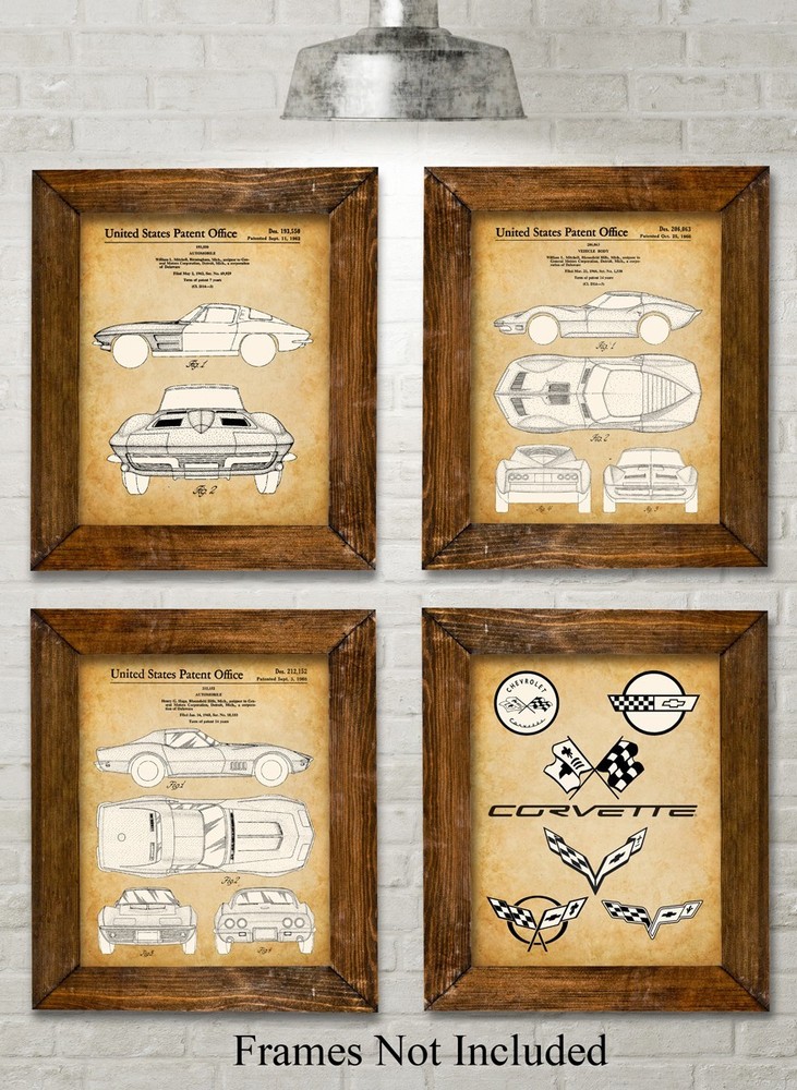 Corvette Patent Prints Set of 4 – 8×10 Unframed Posters for Man Cave Car Lovers