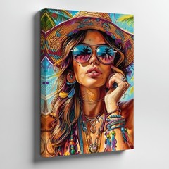Bohemian Woman With Hat And Sunglasses Tropical Beach Canvas Wall Art Print