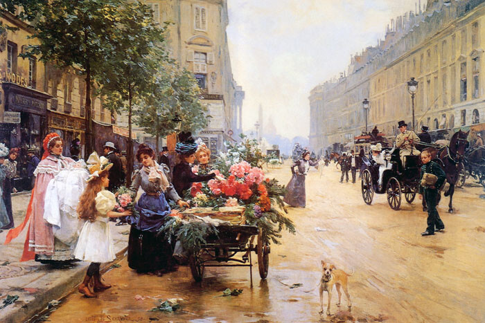PARIS A FLOWER SELLER RUE ROYALE L’OPERA PAINTING ART BY LOUIS M SHRYVER REPRO