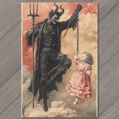 Art Print Devil Holding Chain Little Girl in Pink Dress Dark Vintage Fantasy