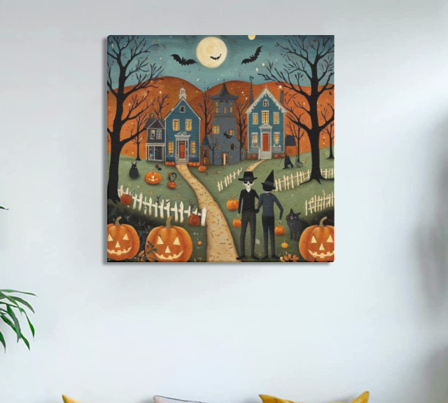 Wall Decor Framed 12X12 Canvas Art Print Primitive Folk Art Americana Halloween